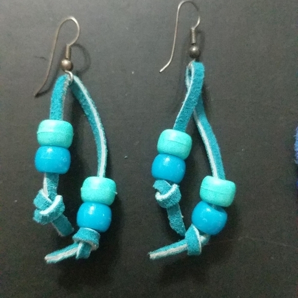 Leather and Beads Dangle Earrings - Set of 2 - Turquoise and Navy - Picture 2 of 3